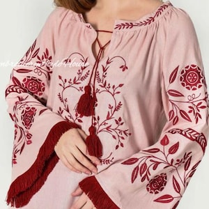 Beautiful Linen Rose Gold Blouse. Ukrainian Embroidered Vyshyvanka Blouse. Ethno Folk Style Clothing. Floral Top For Women. Gift For Her.