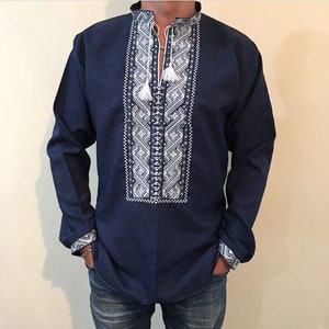 Modern embroidered men's shirt. Handmade blue linen shirt. Ethno folk shirt. Mens embroidery. Gift for him, man. Vyshyvanka. Ukrainian shirt
