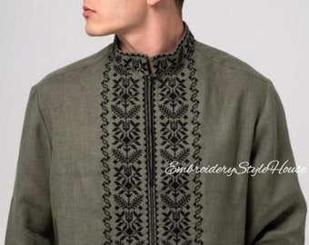 Camisa moderna bordada para hombre. Camisa de lino natural hecha a mano. Camisa tradicional ucraniana. Regalo para él. Camisa verde ucraniana Vyshyvanka.
