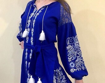 Beautiful embroidered dress. Nice Blue Handmade dress. Ethno Folk dress For Woman. Gift for her, woman. Ukrainian Boho dress. Vyshyvanka.