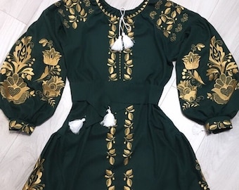 Green Linen Embroidered Dress Vyshyvanka | Ukrainian Boho Folk Dress | Floral Gold Embroidery | Custom Ethnic Outfit | Gift For Her, Girl