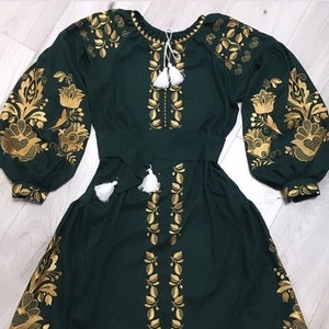 Nice embroidered dress. Beautiful Green Handmade Boho dress Ethno Folk dress For Woman. Gift for her woman. Ukrainian linen dress Vyshyvanka