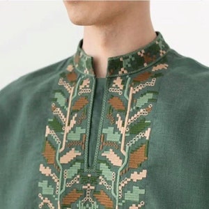 Modern embroidered men&#39;s shirt. Handmade green linen shirt. Ethno folk shirt. Mens embroidery. Gift for him man. Vyshyvanka. Ukrainian shirt