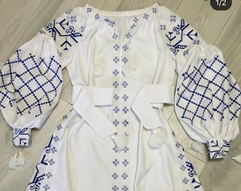 Beautiful Embroidered Dress. White Linen Dress. Ethno Folk Dress For Woman Gift For Her Woman Girl. Ukrainian Linen Boho Dress. Vyshyvanka