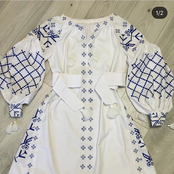 Linen Dress “Kupava” | Embroidered Midi Ethno Dress | Linen Dress for Everyday & Special Occasions