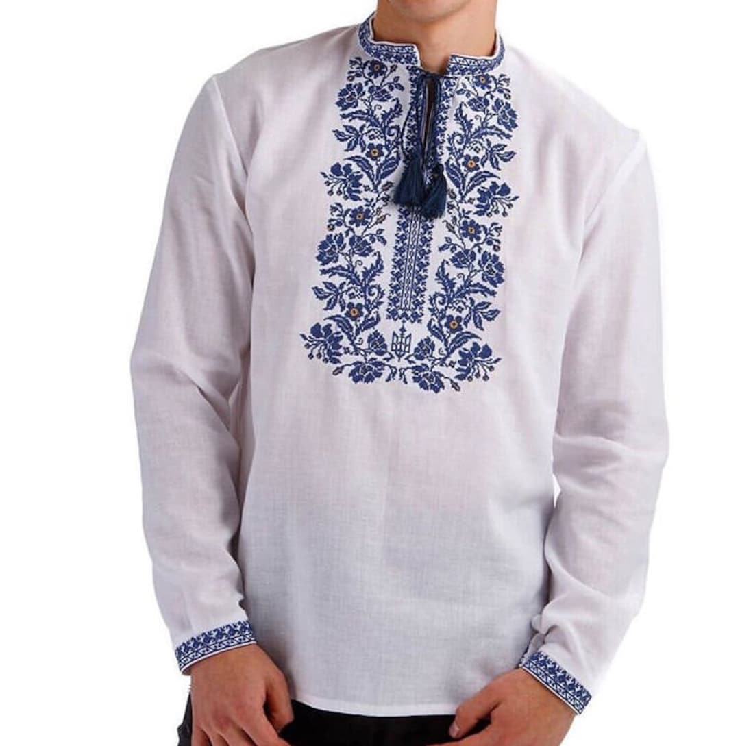 Chemise lin homme blanche artisanale, légère été, col rond élégant et broderies