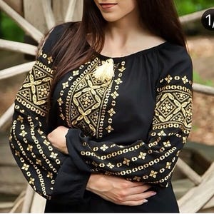 Black Linen Ukrainian Embroidered Blouse | Gold Geometric Pattern, Summer Boho Top, Personalized Ethno Folk Vyshyvanka for Women