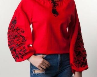 Beautiful Embroidered Linen Blouse | Ethno Folk Blouse For Woman | Red Blouse For Woman | Ukrainian Linen Blouse | Vyshyvanka | Gift For Her