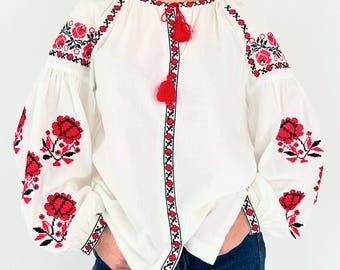 Ukrainian Vyshyvanka Blouse,  White Linen Shirt, Ethno Folk Floral Embroidered Blouse, Women Traditional Slavic Clothing, Gift For Her