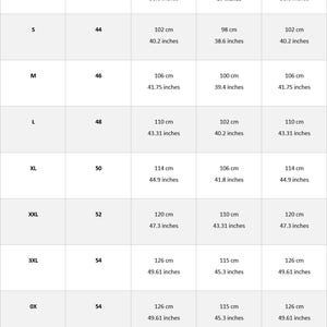 May include: A women's sizing chart with measurements in both centimetres and inches. The chart shows the size, EU/IT size, chest, waist, and hip measurements for sizes XXS to 6X.
