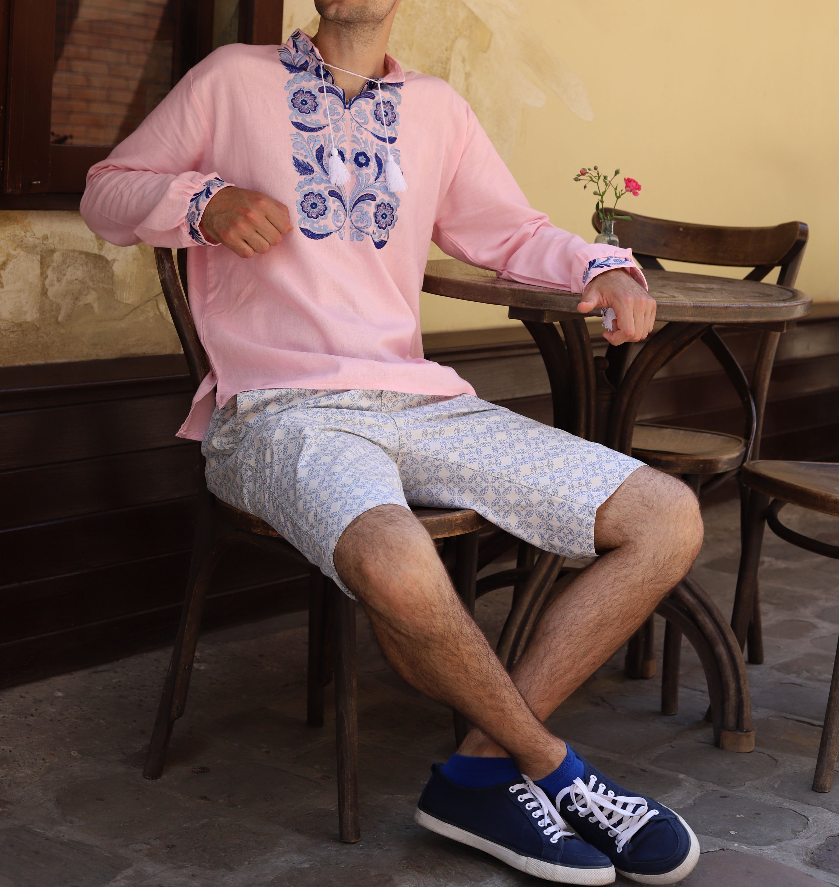 Chemise Homme Lin Gris Brodée - Élégance Artisanale Ethnique