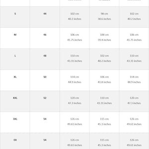 May include: A women's sizing chart with measurements in both centimetres and inches. The chart shows the size, EU/IT size, chest, waist, and hip measurements for sizes XXS to 6X.