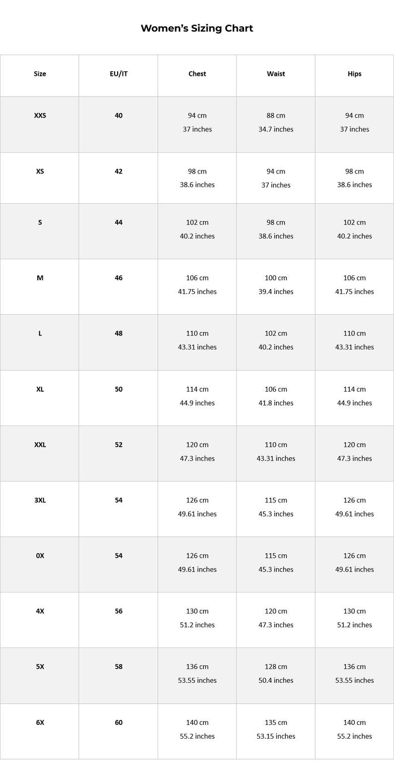 May include: A women's sizing chart with measurements in both centimetres and inches. The chart shows the size, EU/IT size, chest, waist, and hip measurements for sizes XXS to 6X.