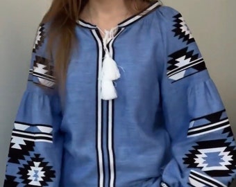 Beautiful embroidered blouse. Blue handmade blouse. Ethno Folk Blouse For Woman. Gift for her, girl, woman Ukrainian linen blouse Vyshyvanka
