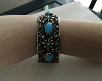 Vintage Etruscan Revival Bangle Bracelet Turquoise Glass Oxidized Nickel Silver