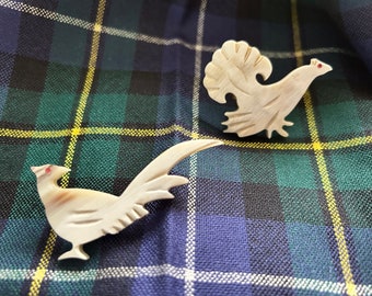 Carved Stag Horn Pheasant & Grouse Brooches Vintage Mizpah on Original Card Scottish Tartan Pins Gamebirds Set