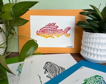 Linocut Fish Print: Original Art, Handmade Print  – "Upstream"