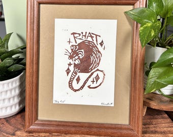 Framed Linocut Rat Print: Original Art, Vintage Wood Frame – "Bhig Rhat" (Brown)