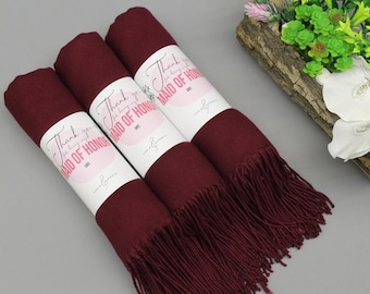 Burgundy Pashmina Shawl, Winter Wedding Shawl, Personalized Bridesmaid Shawl, Bridesmaid Proposal, Bridal Shower Favor, Winter Wedding Favor