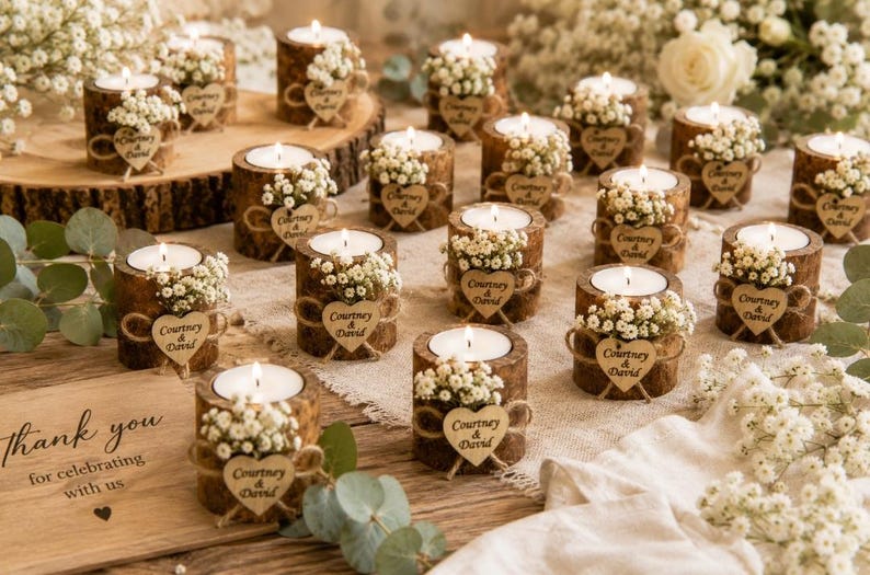 Pu&ograve; includere: Una collezione di portacandele cilindrici in legno, ognuno con un lumino bianco, piccoli fiori bianchi e un'etichetta in legno a forma di cuore incisa con il testo Courtney & David. Un cartello in legno riporta thank you for celebrating with us.