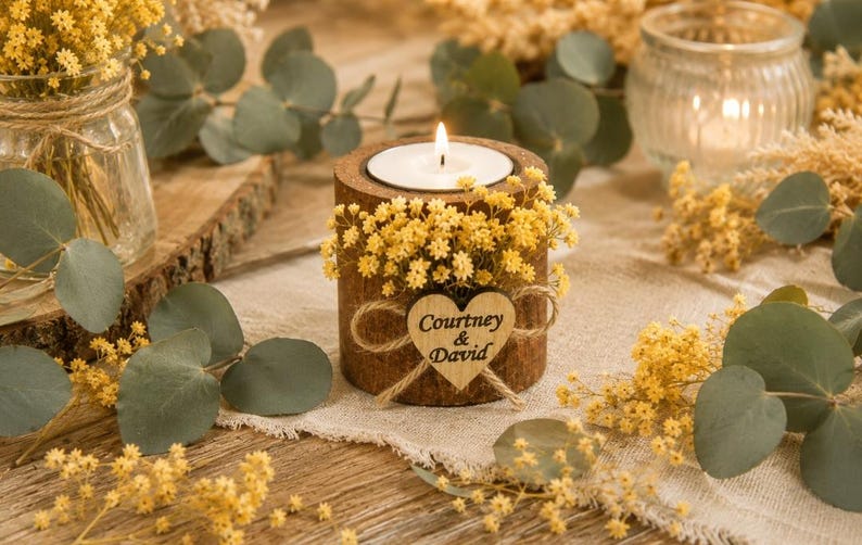 Pu&ograve; includere: Un portacandele cilindrico in legno con un lumino acceso, decorato con fiori secchi gialli e una piccola targhetta in legno a forma di cuore legata con dello spago. Il cuore reca l'incisione Courtney & David in inchiostro nero.