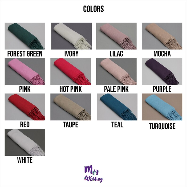 May include: A chart showing 13 different colors of fabric with fringe. The colors are: Forest Green, Ivory, Lilac, Mocha, Pink, Hot Pink, Pale Pink, Purple, Red, Taupe, Teal, Turquoise, and White.
