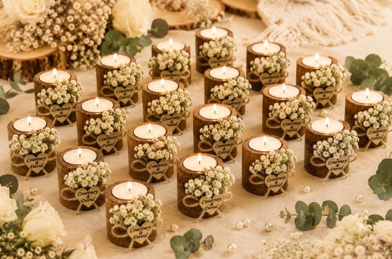 Pu&ograve; includere: Una collezione di portacandele cilindrici in legno, ciascuno contenente un lumino bianco. I supporti sono decorati con fiori bianchi di gipsofila e una piccola targhetta in legno a forma di cuore con inciso il testo Courtney & David.