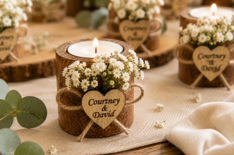 Pu&ograve; includere: Un portacandele cilindrico in legno con un lumino acceso, decorato con fiori bianchi di gipsofila e un'etichetta in legno a forma di cuore legata con dello spago. Il testo Courtney & David &egrave; inciso sull'etichetta in un carattere scuro.