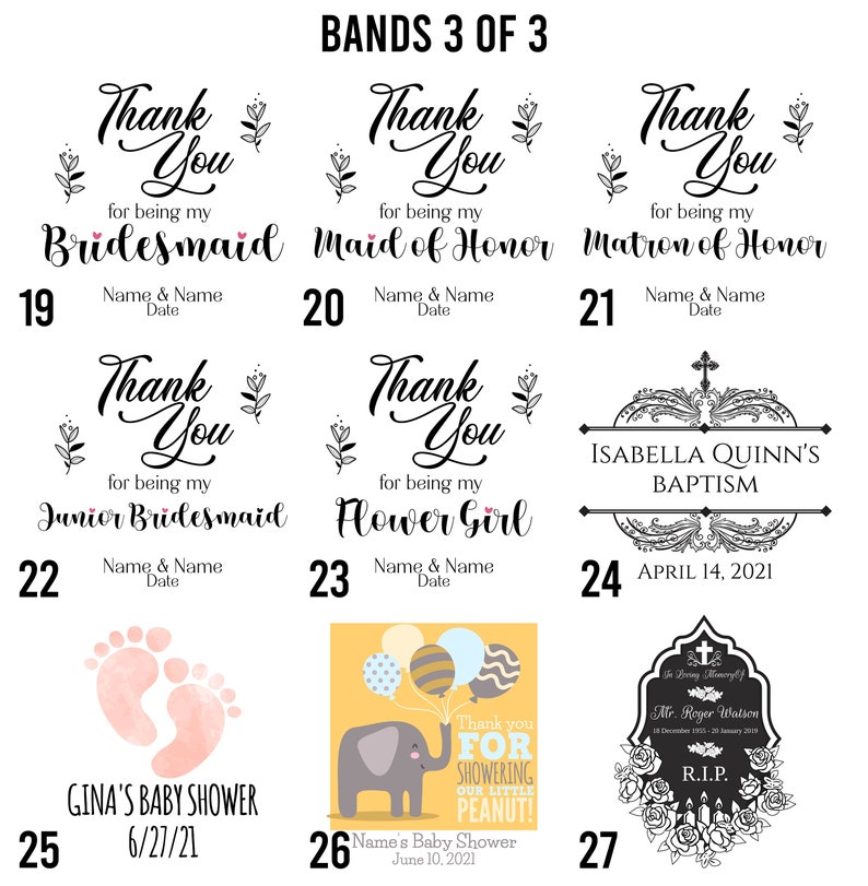 May include: A set of 7 thank you cards with different designs and text. The cards are numbered 19 through 27. The cards feature various themes, including weddings, baptisms, and baby showers. The cards are printed in black and white on a white background.