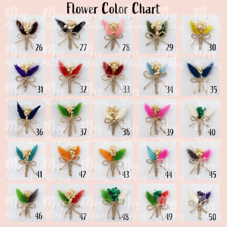 Pu&ograve; includere: Una tabella dei colori dei fiori che mostra venticinque piccole bottoniere, ciascuna con fiori secchi legati con spago. Gli articoli sono numerati da 26 a 50 e mostrano varie combinazioni di colori, tra cui marrone, nero, rosa, verde, giallo, blu e rosso.