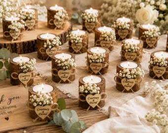 Personalisierte Hochzeitskerzen Gastgeschenke, rustikale Mini-Sojakerzen für Gäste, individuelle Hochzeitsgeschenke, Brautpartybevorzugungen, elegantes Gastgeschenk