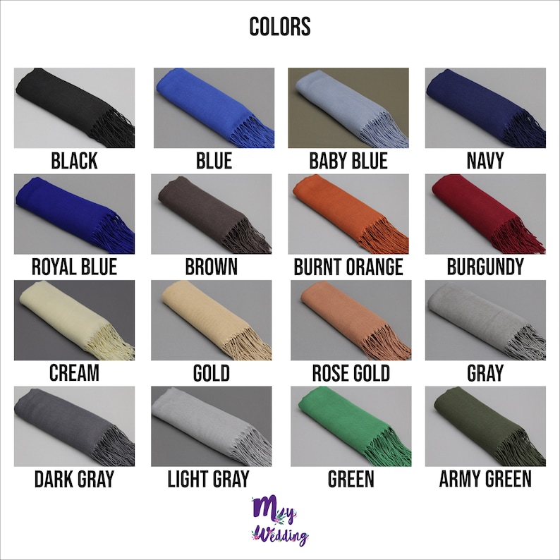 May include: A chart showing 16 different colors of scarves with fringe. The colors are black, blue, baby blue, navy, royal blue, brown, burnt orange, burgundy, cream, gold, rose gold, gray, dark gray, light gray, green, and army green.