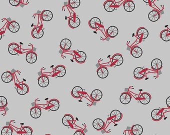 May include: A repeating pattern of red bicycles on a light gray background. Each bicycle is depicted in a simplified style, with black wheels and a basket. The bicycles are scattered across the surface, creating a playful and dynamic design.