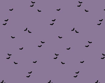 May include: A seamless pattern of black bats on a light purple background.