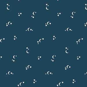 May include: A seamless pattern of white crescent moons and stars on a dark teal background.