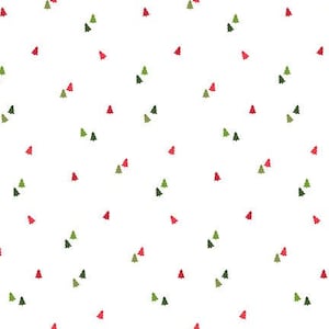 May include: A seamless pattern featuring small red and green Christmas trees on a white background.