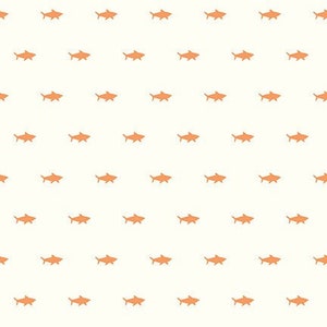 May include: A seamless pattern featuring a repeating design of orange shark silhouettes on a white background.