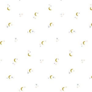 May include: A seamless pattern featuring a white background with a repeating pattern of gold crescent moons and small blue and white stars.