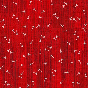 May include: Red background with a white nail pattern. The nails are scattered randomly across the surface.