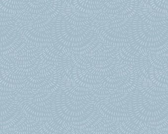 May include: A light blue wallpaper with a repeating pattern of curved, fan-like shapes. The design features small, white, dashed lines arranged in a semi-circular formation, creating a textured appearance. The overall aesthetic is soft and subtle.