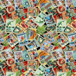 May include: A colorful pattern of vintage-style travel and fishing themed postcards. The postcards feature illustrations of fish, campers, and scenic landscapes. The text on the postcards includes phrases like "Adventure Time!" and "Let's Have Fun!"