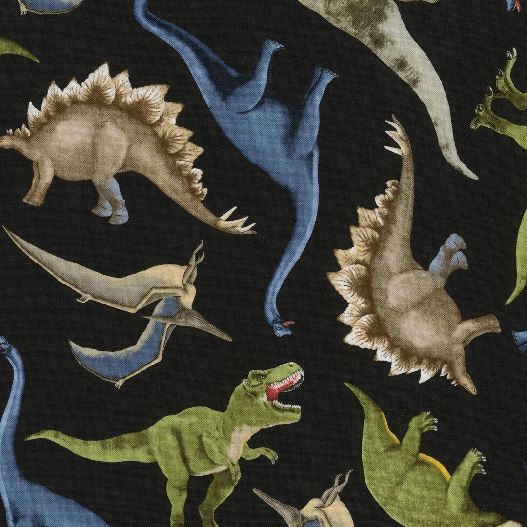 Dinosaur Cotton Fabric by the Yard - Dinosaur Toss on Black - Timeless ...