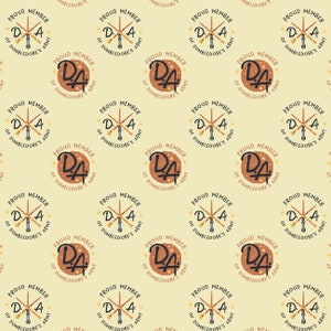 May include: A repeating pattern of brown circles with the text "Proud Member of Dumbledore's Army" and a stylized "D.A." with crossed wands. The background is a light yellow.