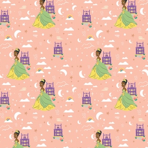 Disney Princess Cotton Fabric by the Yard - Disney Princess Heart of a Princess Tiana Coral - Camelot 85102109-1