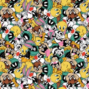 May include: A colorful pattern featuring various Looney Tunes characters. Bugs Bunny, Daffy Duck, Tweety Bird, Taz, and others are depicted in a repeating design. The characters are in various poses, with bright colors and bold outlines.