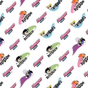 Powerpuff Girls Cotton Fabric by the Yard - Powerpuff Girls Girl Names White - Camelot 23910103-2
