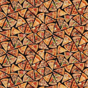 Pizza Cotton Fabric by the Yard - Tossed Pizza Slices Black - Timeless Treasures CD3451-BLACK