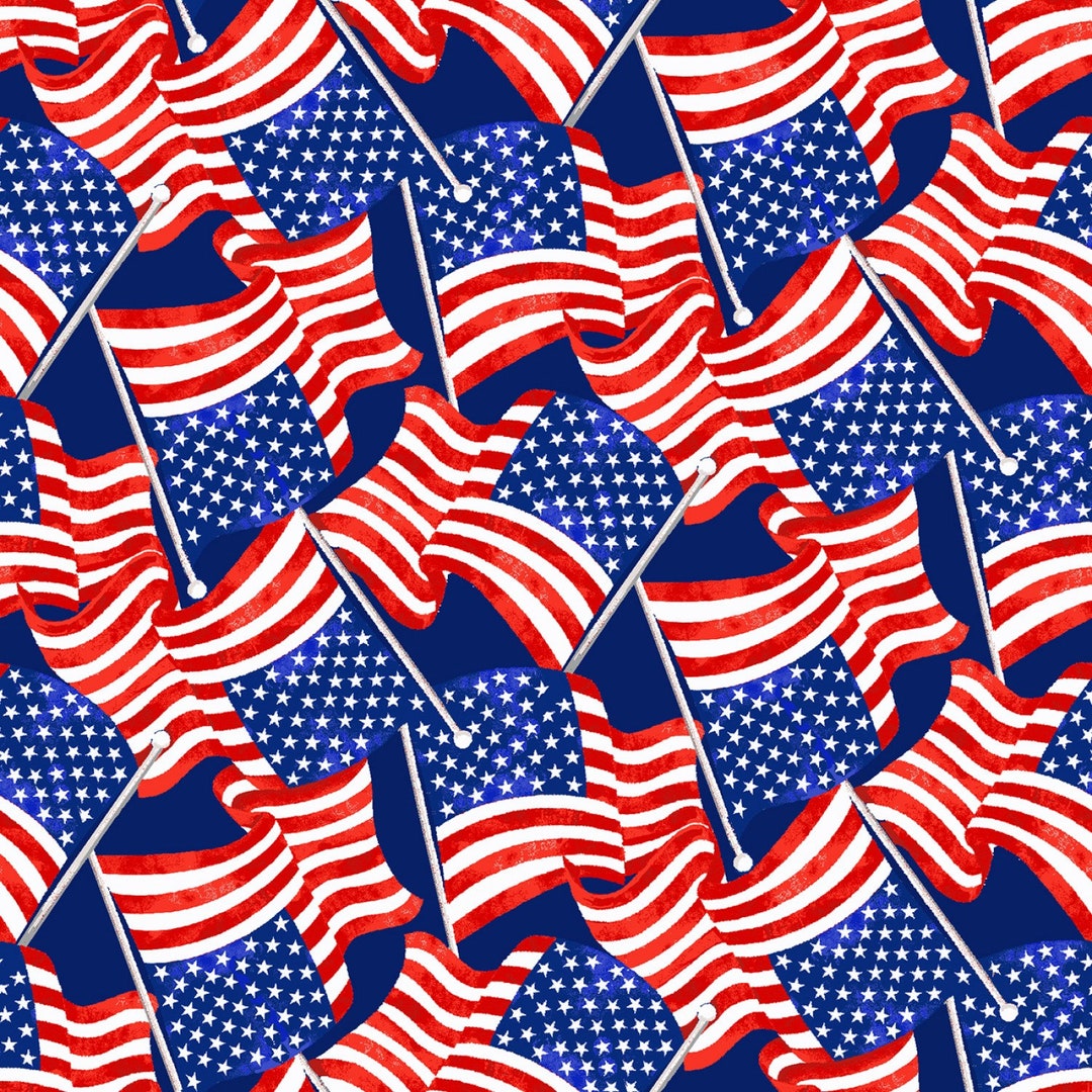 Patriotic Cotton Fabric by the Yard - My Happy Place Tossed Flags Multi ...
