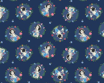 Snow White Cotton Fabric by the Yard - Snow White Wreaths Navy - Camelot 85102002-2