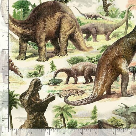 Dinosaur Cotton Fabric by the Yard - Dinosaur Trek Multicolor Dinosaurs - Timeless Treasures C7816-WHT